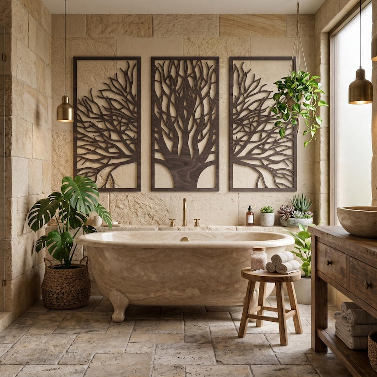 Lot de 3 panneaux muraux en bois arbre de vie, décoration triptyque bohème moderne, grand art mural en bois contreplaqué, décoration chambre minimaliste
