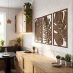 Art mural en bois 3 panneaux feuilles tropicales Monstera, décoration botanique bohème