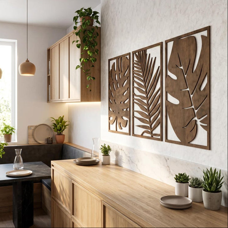 Art mural en bois 3 panneaux feuilles tropicales Monstera, décoration botanique bohème