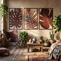 Art mural en bois 3 panneaux feuilles tropicales Monstera, décoration botanique bohème