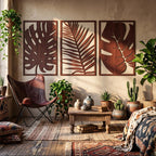 Art mural en bois 3 panneaux feuilles tropicales Monstera, décoration botanique bohème