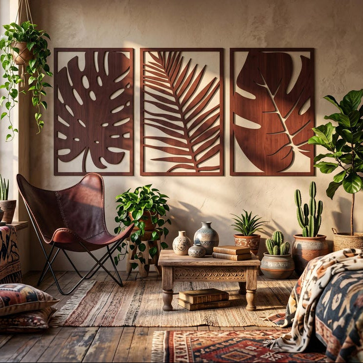 Art mural en bois 3 panneaux feuilles tropicales Monstera, décoration botanique bohème