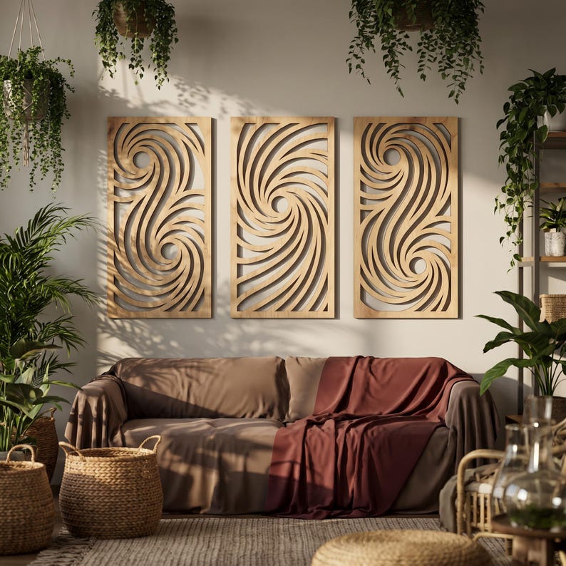 Abstrait Vagues Art Mural Triptyque 3 Panneaux en Bois Moderne