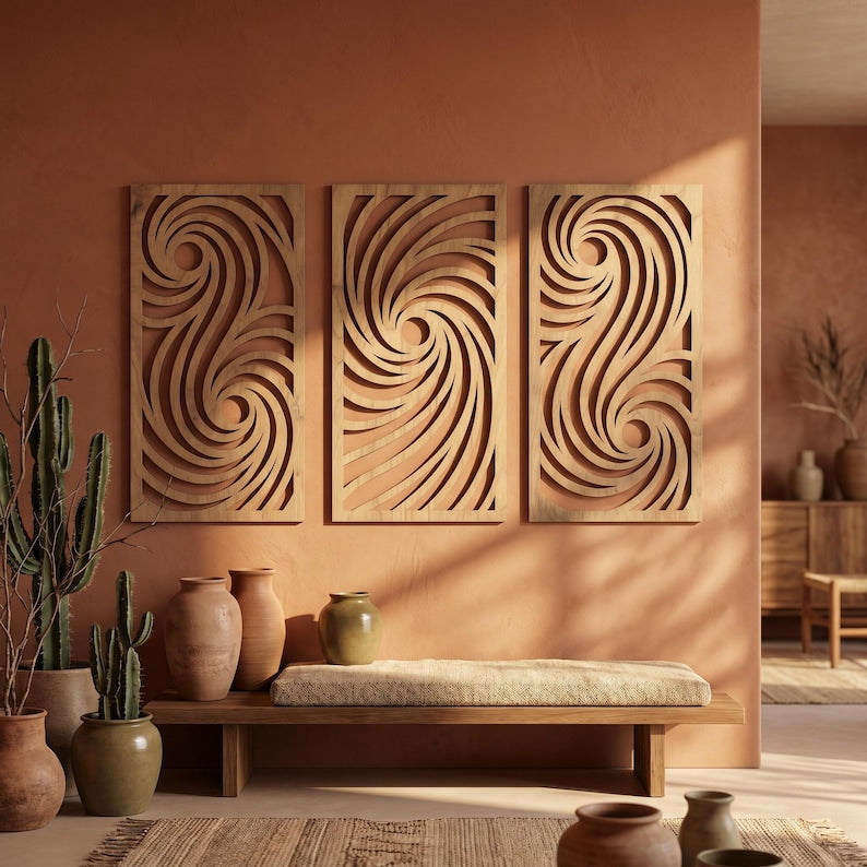 Abstrait Vagues Art Mural Triptyque 3 Panneaux en Bois Moderne