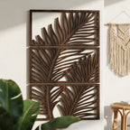 Art mural tropical 3 panneaux bois décoration Japandi feuille palmier triptyque botanique