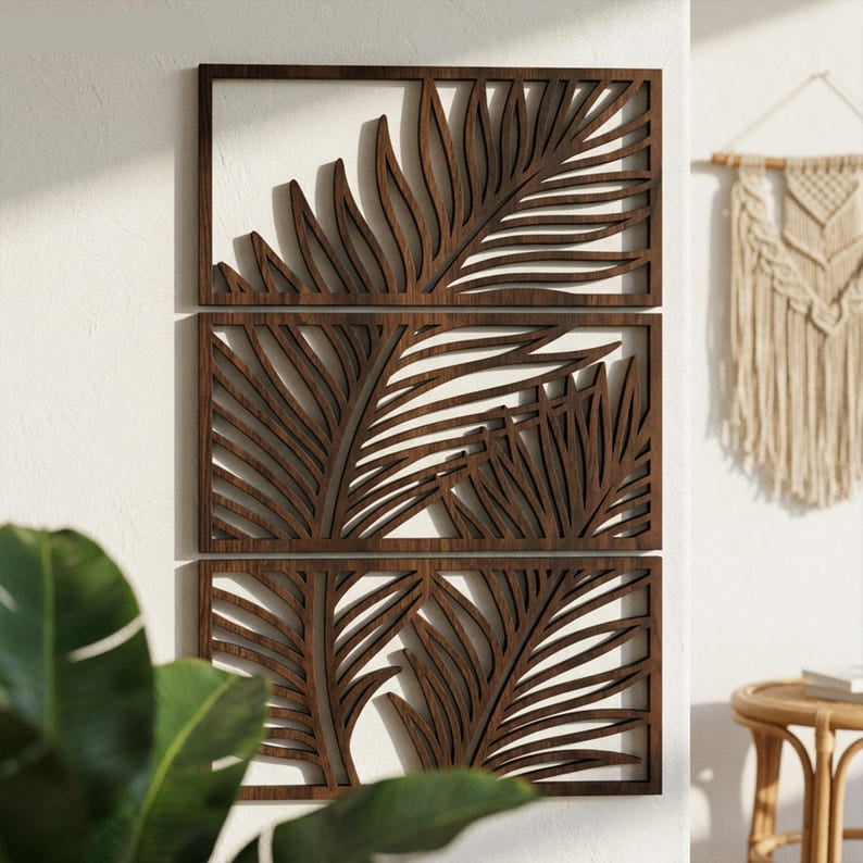 Art mural tropical 3 panneaux bois décoration Japandi feuille palmier triptyque botanique