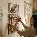 Art mural tropical 3 panneaux bois décoration Japandi feuille palmier triptyque botanique