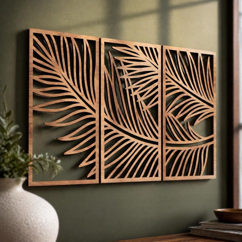 Art mural tropical 3 panneaux bois décoration Japandi feuille palmier triptyque botanique