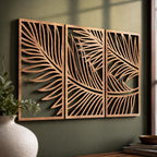 Art mural tropical 3 panneaux bois décoration Japandi feuille palmier triptyque botanique