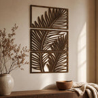 Art mural tropical 3 panneaux bois décoration Japandi feuille palmier triptyque botanique