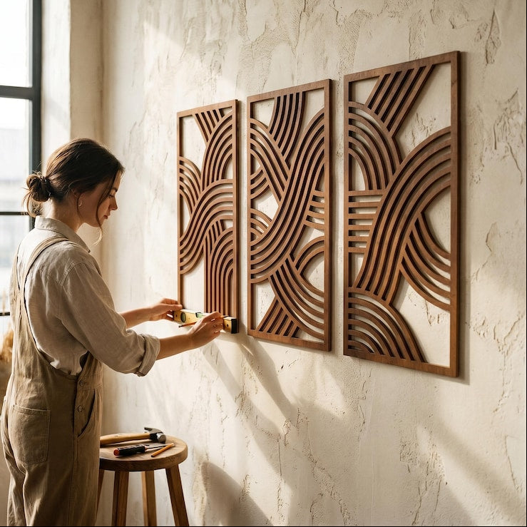 Lot de 3 décorations murales en bois Mid-Century, art mural abstrait géométrique triptyque, décoration murale en contreplaqué, grande taille
