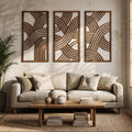 Lot de 3 décorations murales en bois Mid-Century, art mural abstrait géométrique triptyque, décoration murale en contreplaqué, grande taille