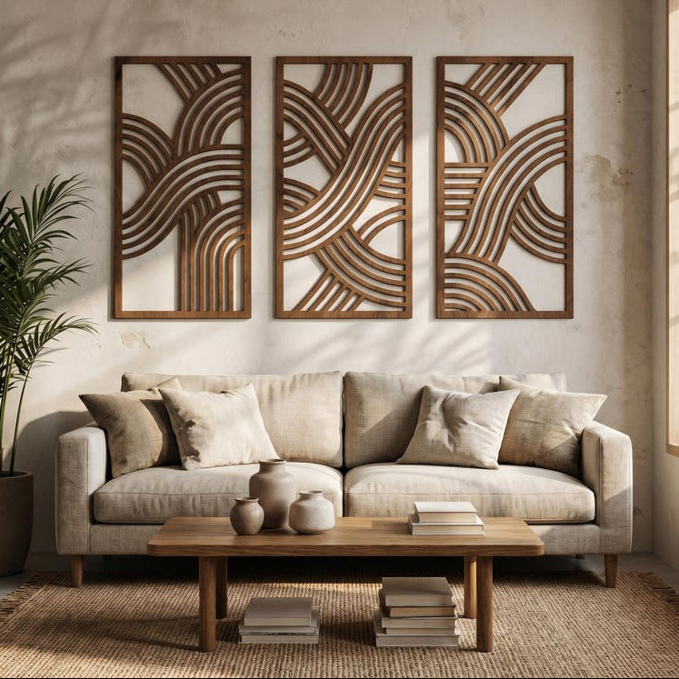 Lot de 3 décorations murales en bois Mid-Century, art mural abstrait géométrique triptyque, décoration murale en contreplaqué, grande taille