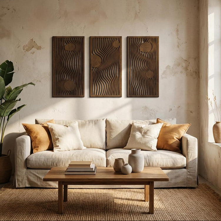 Panneaux muraux en bois, décoration murale bohème, 3 pièces d'art mural triptyque, art du bois moderne Mid-Century, géométrique