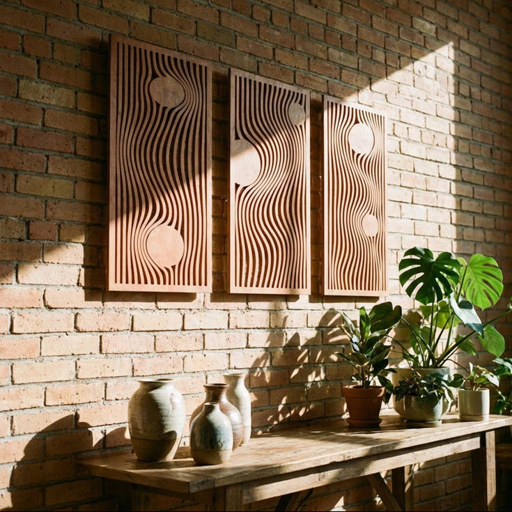 Panneaux muraux en bois, décoration murale bohème, 3 pièces d'art mural triptyque, art du bois moderne Mid-Century, géométrique