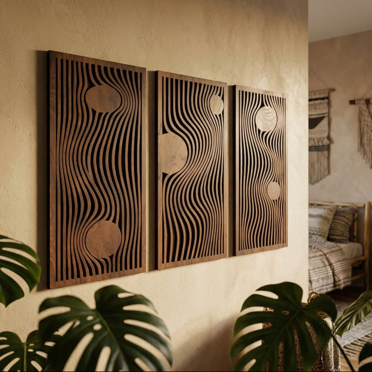 Panneaux muraux en bois, décoration murale bohème, 3 pièces d'art mural triptyque, art du bois moderne Mid-Century, géométrique