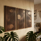 Panneaux muraux en bois, décoration murale bohème, 3 pièces d'art mural triptyque, art du bois moderne Mid-Century, géométrique