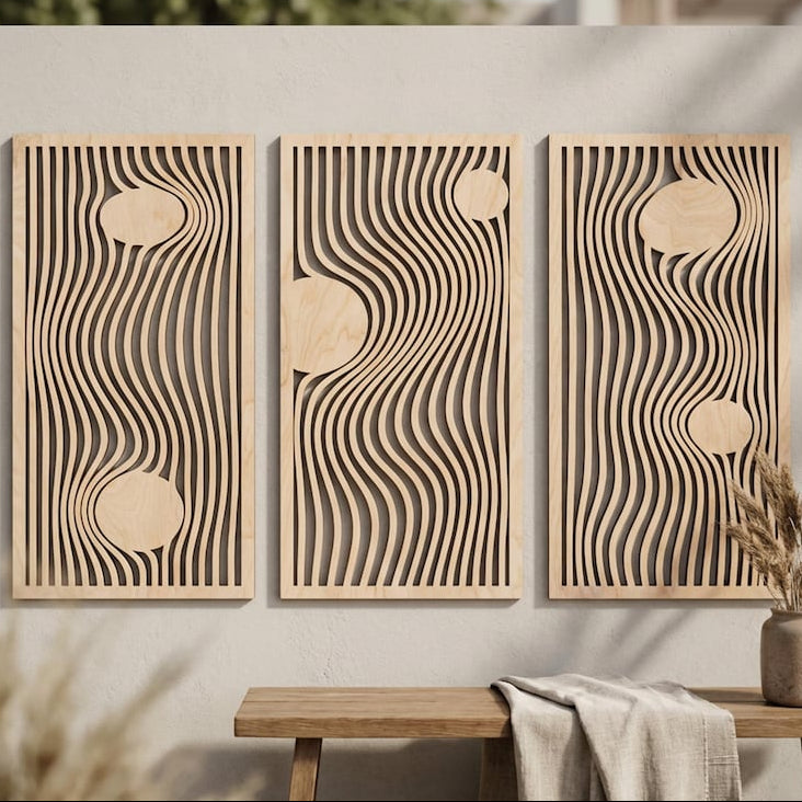 Panneaux muraux en bois, décoration murale bohème, 3 pièces d'art mural triptyque, art du bois moderne Mid-Century, géométrique