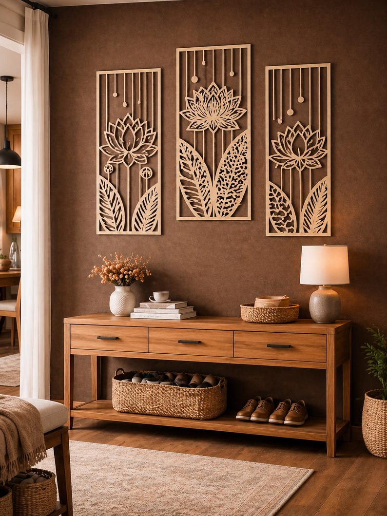 Lot de 3 œuvres d'art mural en bois fleur de lotus avec gouttes de pluie, décoration murale zen triptyque