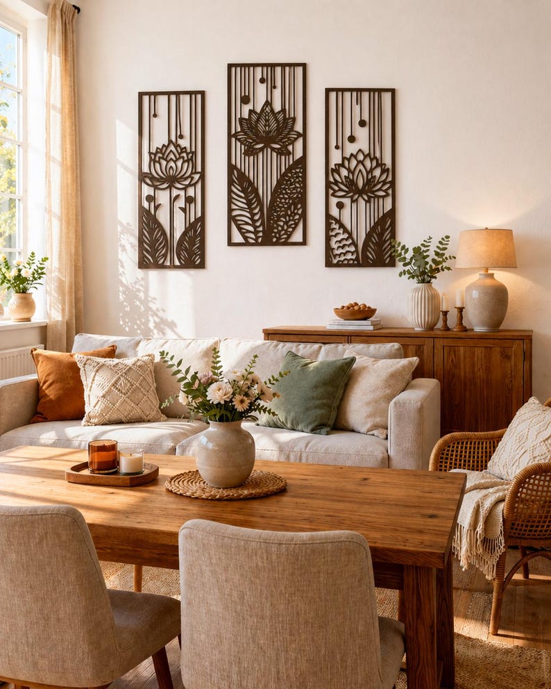 Lot de 3 œuvres d'art mural en bois fleur de lotus avec gouttes de pluie, décoration murale zen triptyque