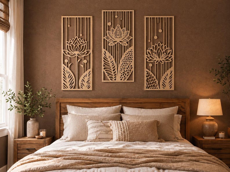 Lot de 3 œuvres d'art mural en bois fleur de lotus avec gouttes de pluie, décoration murale zen triptyque