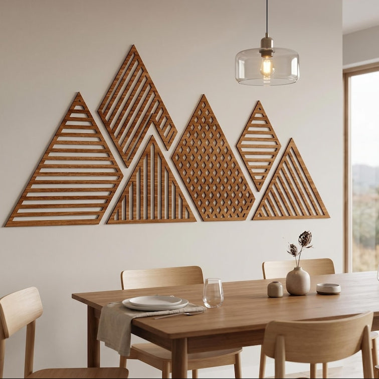 Grande décoration murale montagne en bois, panneau mural panoramique 6 pièces, art mural minimaliste au-dessus du lit