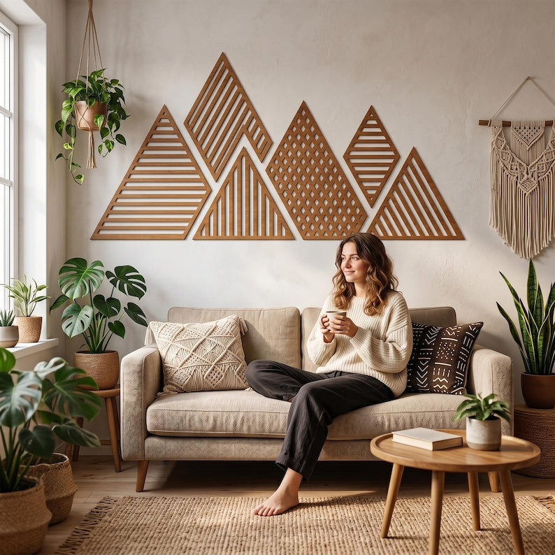 Grande décoration murale montagne en bois, panneau mural panoramique 6 pièces, art mural minimaliste au-dessus du lit