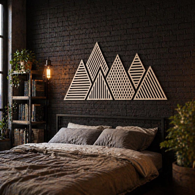 Grande décoration murale montagne en bois, panneau mural panoramique 6 pièces, art mural minimaliste au-dessus du lit