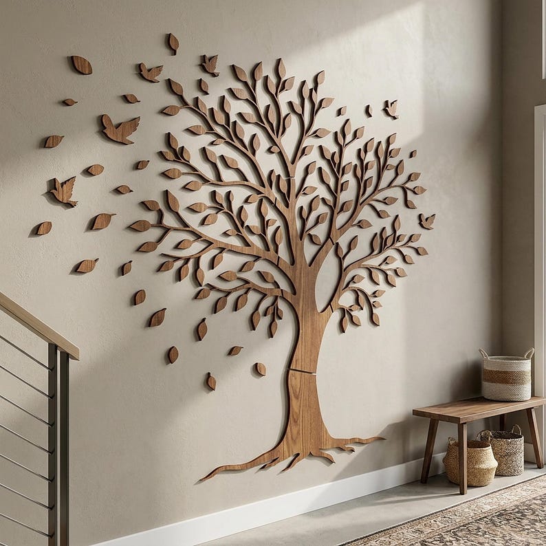 Arbre à oiseaux mural en bois décoration intérieure naturelle