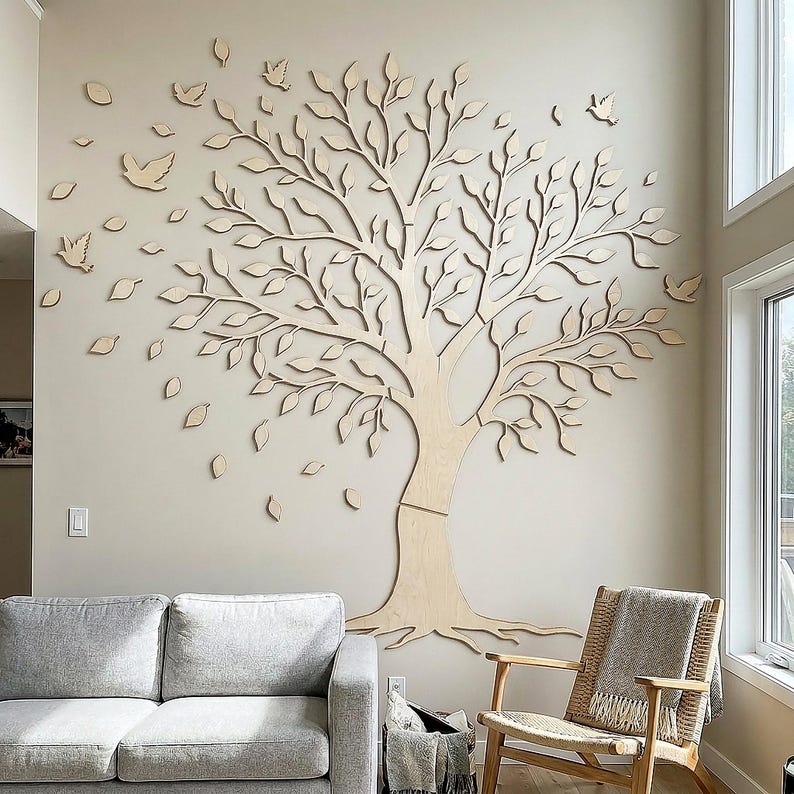 Arbre à oiseaux mural en bois décoration intérieure naturelle