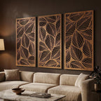 Lot de 3 panneaux muraux en bois feuilles tropicales, décoration botanique neutre