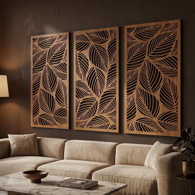 Lot de 3 panneaux muraux en bois feuilles tropicales, décoration botanique neutre