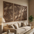 Lot de 3 panneaux muraux en bois feuilles tropicales, décoration botanique neutre