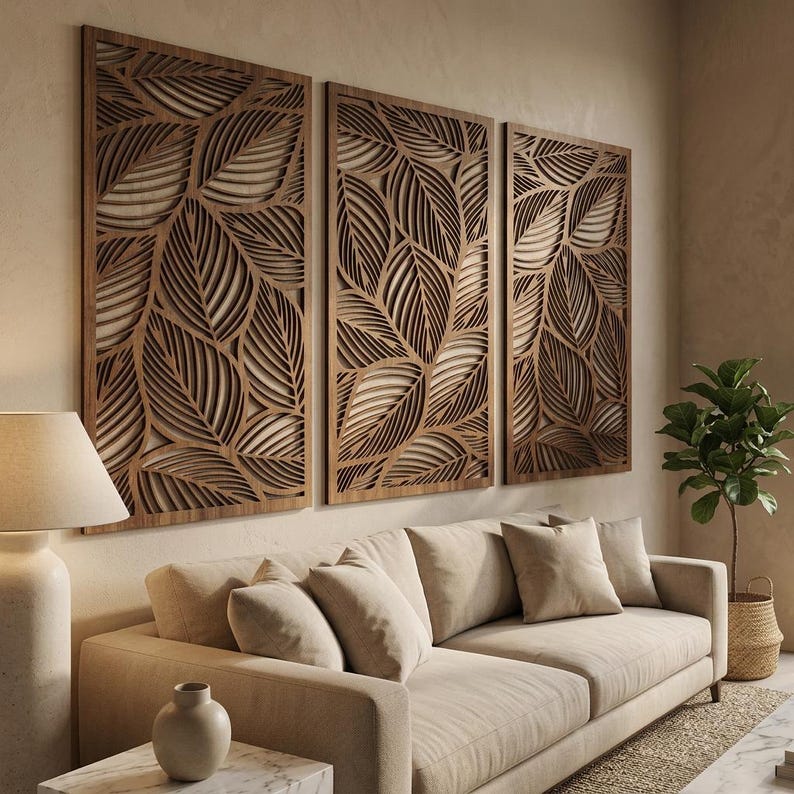 Lot de 3 panneaux muraux en bois feuilles tropicales, décoration botanique neutre