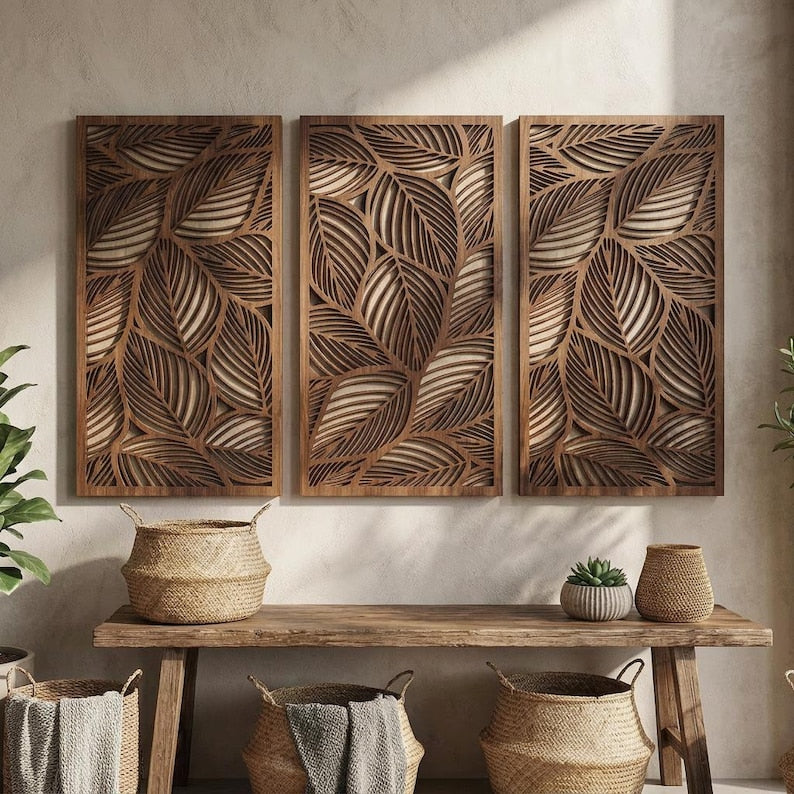 Lot de 3 panneaux muraux en bois feuilles tropicales, décoration botanique neutre