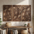 Lot de 3 panneaux muraux en bois feuilles tropicales, décoration botanique neutre