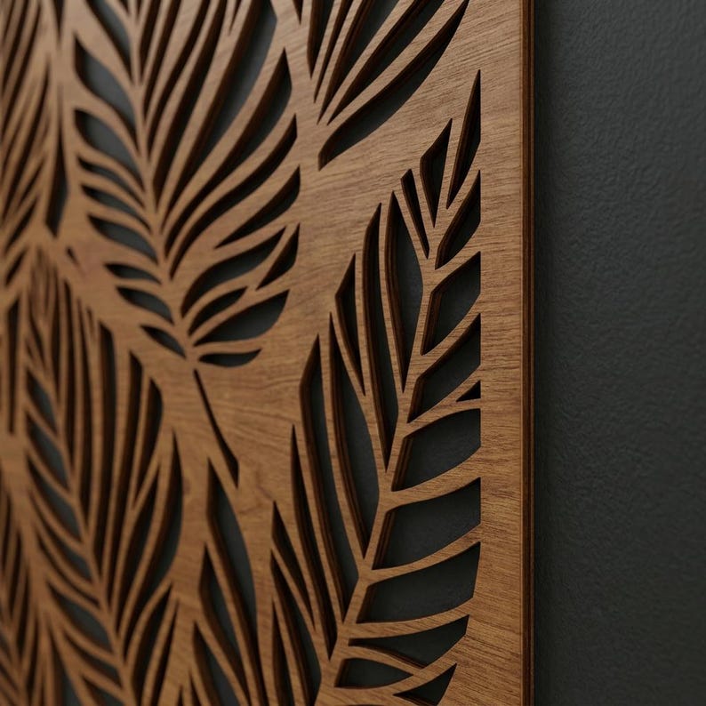 Lot de 3 panneaux muraux en bois feuilles tropicales, décoration botanique neutre