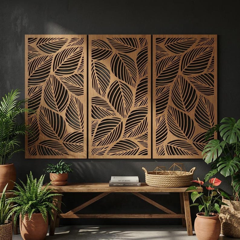 Lot de 3 panneaux muraux en bois feuilles tropicales, décoration botanique neutre