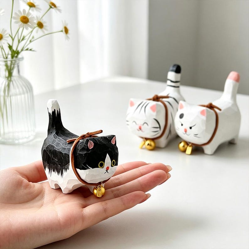 Figurines de chat en bois sculptées à la main - Ensemble de 8 chats peints avec colliers et cloches
