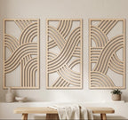 Lot de 3 décorations murales en bois Mid-Century, art mural abstrait géométrique triptyque, décoration murale en contreplaqué, grande taille