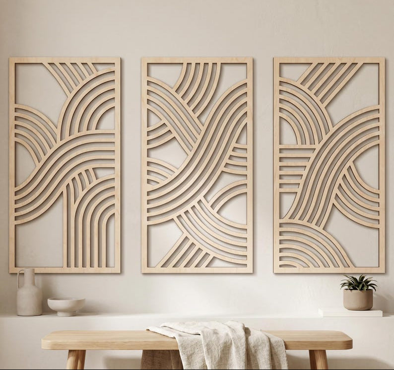 Lot de 3 décorations murales en bois Mid-Century, art mural abstrait géométrique triptyque, décoration murale en contreplaqué, grande taille