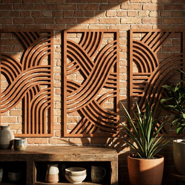 Lot de 3 décorations murales en bois Mid-Century, art mural abstrait géométrique triptyque, décoration murale en contreplaqué, grande taille