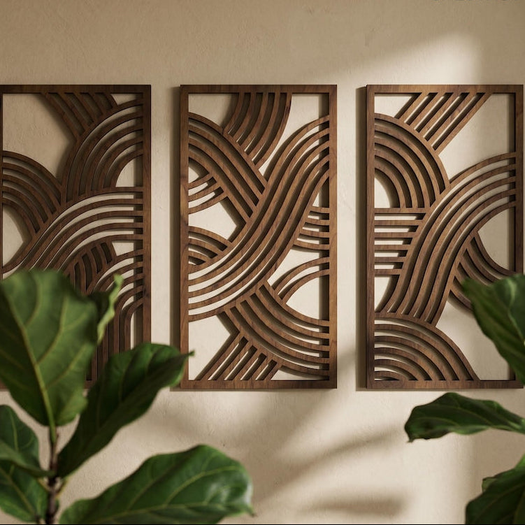 Lot de 3 décorations murales en bois Mid-Century, art mural abstrait géométrique triptyque, décoration murale en contreplaqué, grande taille