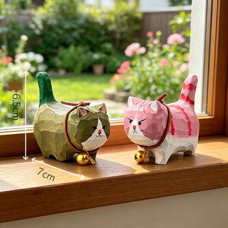 Figurines de chat en bois sculptées à la main - Ensemble de 8 chats peints avec colliers et cloches