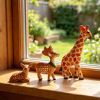 Girafe et Cerfs Sauvages en Bois Sculptés à la Main – Figurines en Bois Massif Peintes à la Main