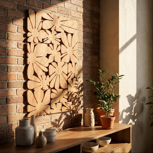 Art mural botanique en bois découpé au laser - Panneau mural moderne MCM, décoration bohème Japandi, teck