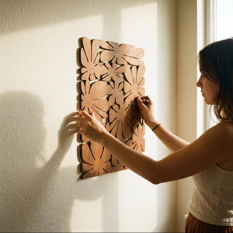 Art mural botanique en bois découpé au laser - Panneau mural moderne MCM, décoration bohème Japandi, teck