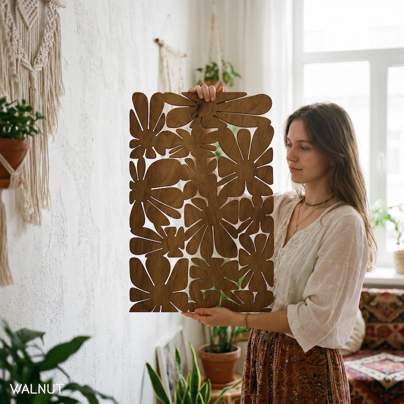 Art mural botanique en bois découpé au laser - Panneau mural moderne MCM, décoration bohème Japandi, teck