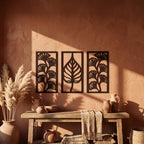 Art mural ginkgo en bois 3 pièces, panneaux muraux triptyque, décoration bohème, grand art mural bois