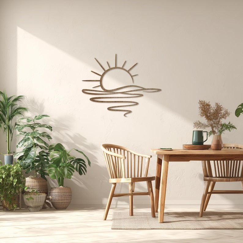 Suspension murale en bois coucher de soleil, décoration côtière minimaliste, découpée au laser, décoration naturelle pour maison de plage